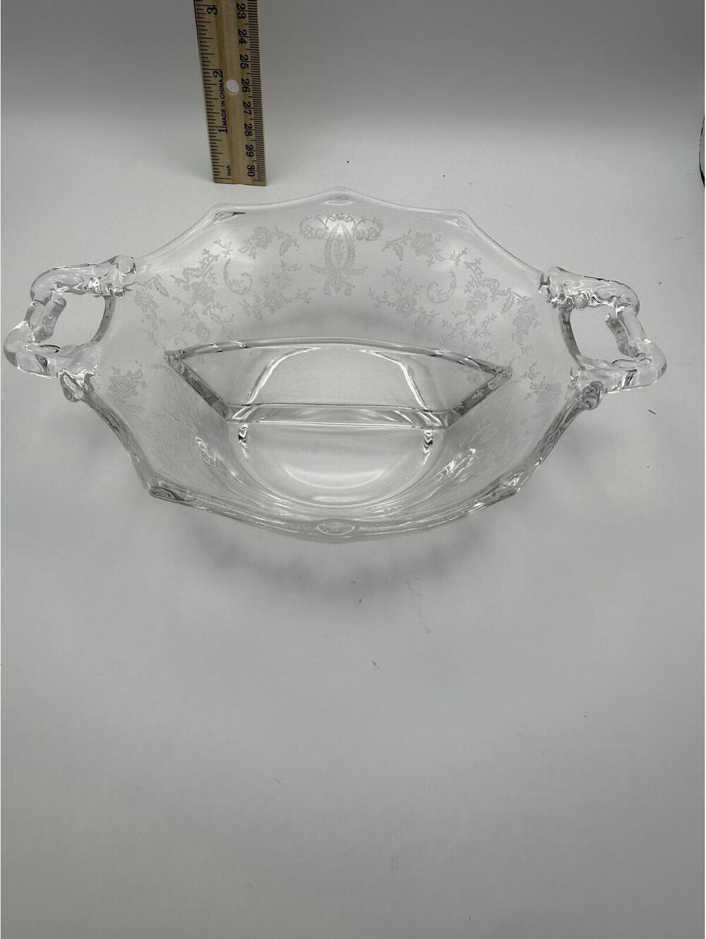 Vintage New Martinsville Glass Etched Floral Divided Relish Dish w Handles